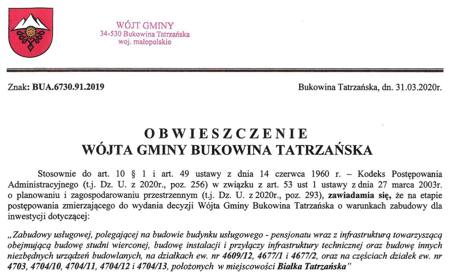 Obwieszczenie Wójta Gminy Bukowina Tatrzańska BUA 6730.91.2019