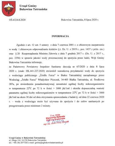 Warunkowa przydatność wody do spożycia Wodociąg "Źródło Furca" Białka Tatrzańska (2020-07-08)