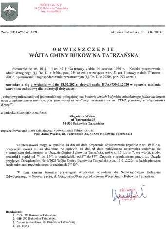 Obwieszczenie Wójta Gminy Bukowina Tatrzańska BUA 6730.61.2020