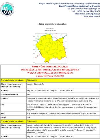 OSTRZEŻENIA METEOROLOGICZNE NR 4 - OBLODZENIE