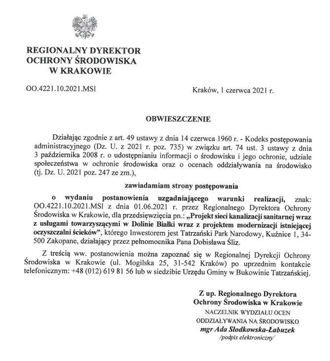 Regionalny Dyrektor Ochrony Środowiska w Krakowie zawiadamia