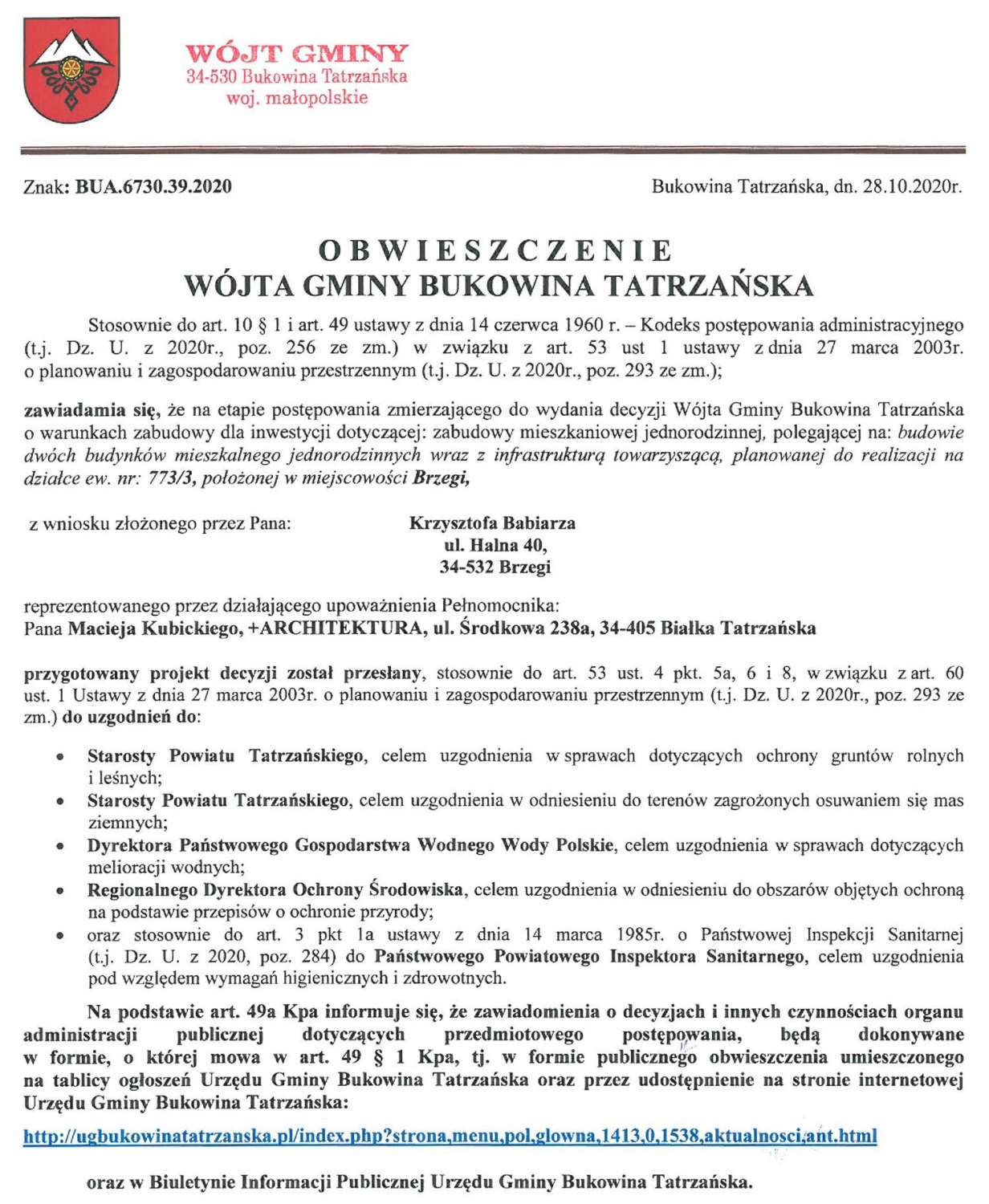 Obwieszczenie Wójta Gminy Bukowina Tatrzańska BUA 6730.39.2020
