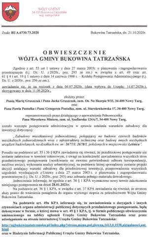 Obwieszczenie Wójta Gminy Bukowina Tatrzańska BUA 6730.73.2020