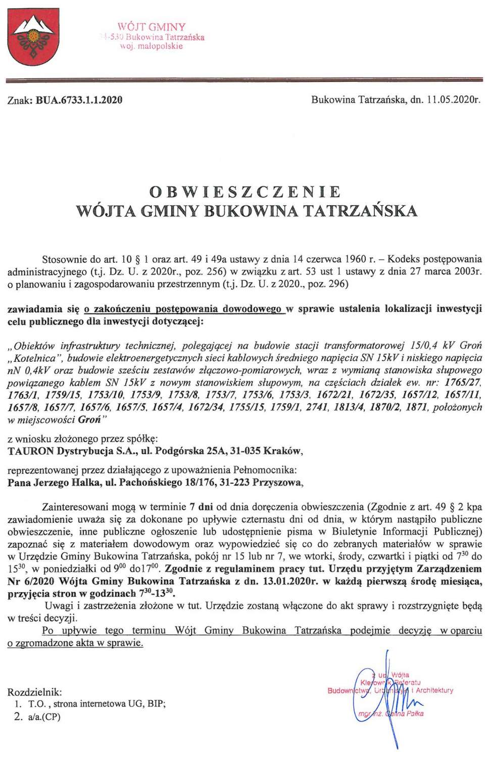 Obwieszczenie Wójta Gminy Bukowina Tatrzańska BUA 6733.1.1.2020