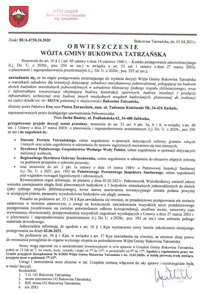 Obwieszczenie Wójta Gminy Bukowina Tatrzańska BUA 6730.24.2020