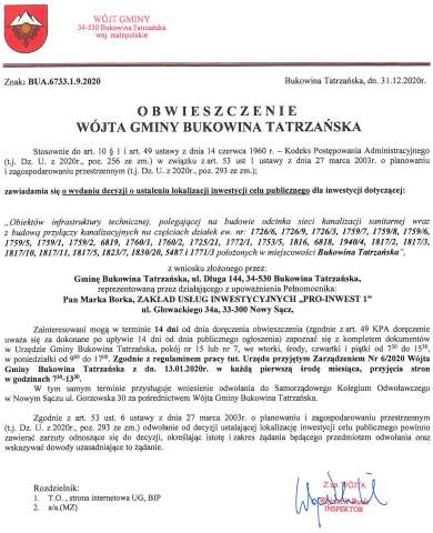 Obwieszczenie Wójta Gminy Bukowina Tatrzańska BUA 6733.1.9.2020