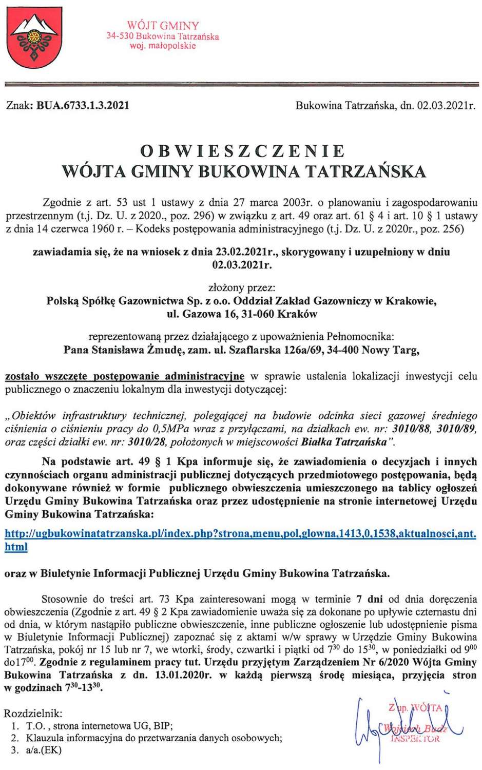 Obwieszczenie Wójta Gminy Bukowina Tatrzańska BUA 6733.1.3.2021