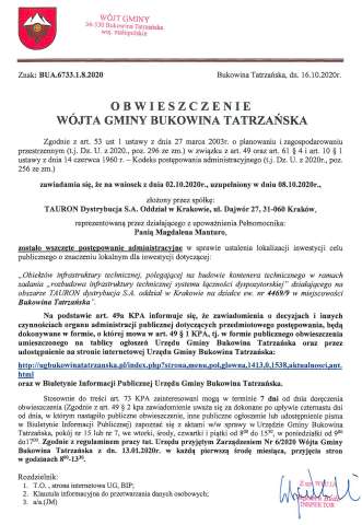 Obwieszczenie Wójta Gminy Bukowina Tatrzańska BUA 6733.1.8.2020