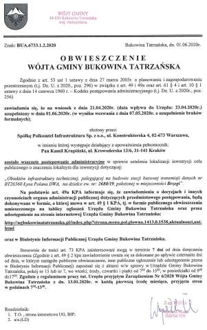 Obwieszczenie Wójta Gminy Bukowina Tatrzańska BUA 6733.1.2.2020