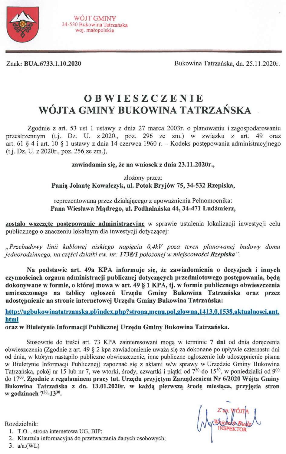Obwieszczenie Wójta Gminy Bukowina Tatrzańska BUA 6733.1.10.2020