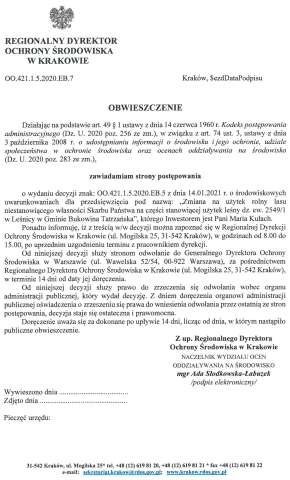 OBWIESZCZENIE o wydaniu decyzji o środowiskowych uwarunkowaniach