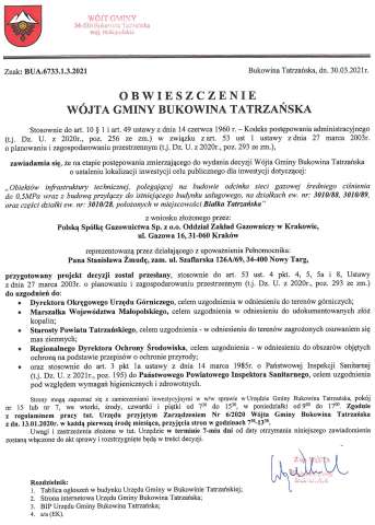 Obwieszczenie Wójta Gminy Bukowina Tatrzańska BUA 6733.1.3.2021