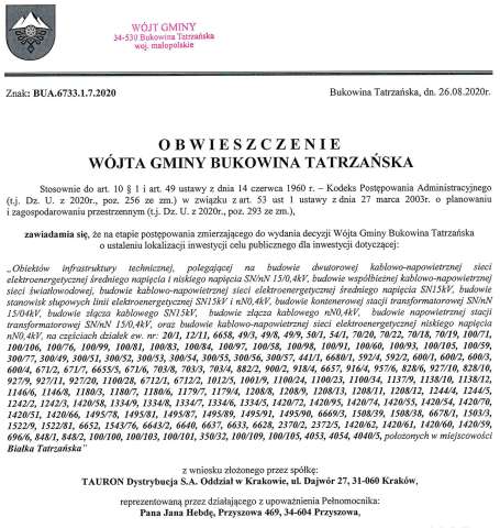 Obwieszczenie Wójta Gminy Bukowina Tatrzańska BUA 6733.1.7.2020