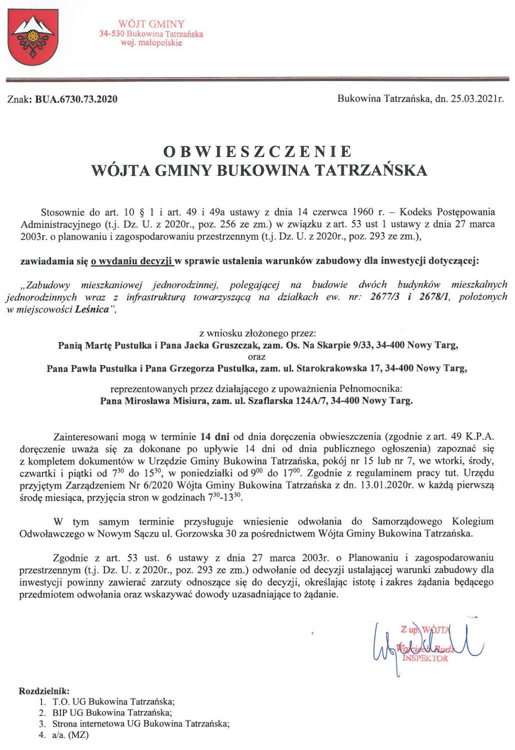 Obwieszczenie Wójta Gminy Bukowina Tatrzańska BUA 6730.73.2020