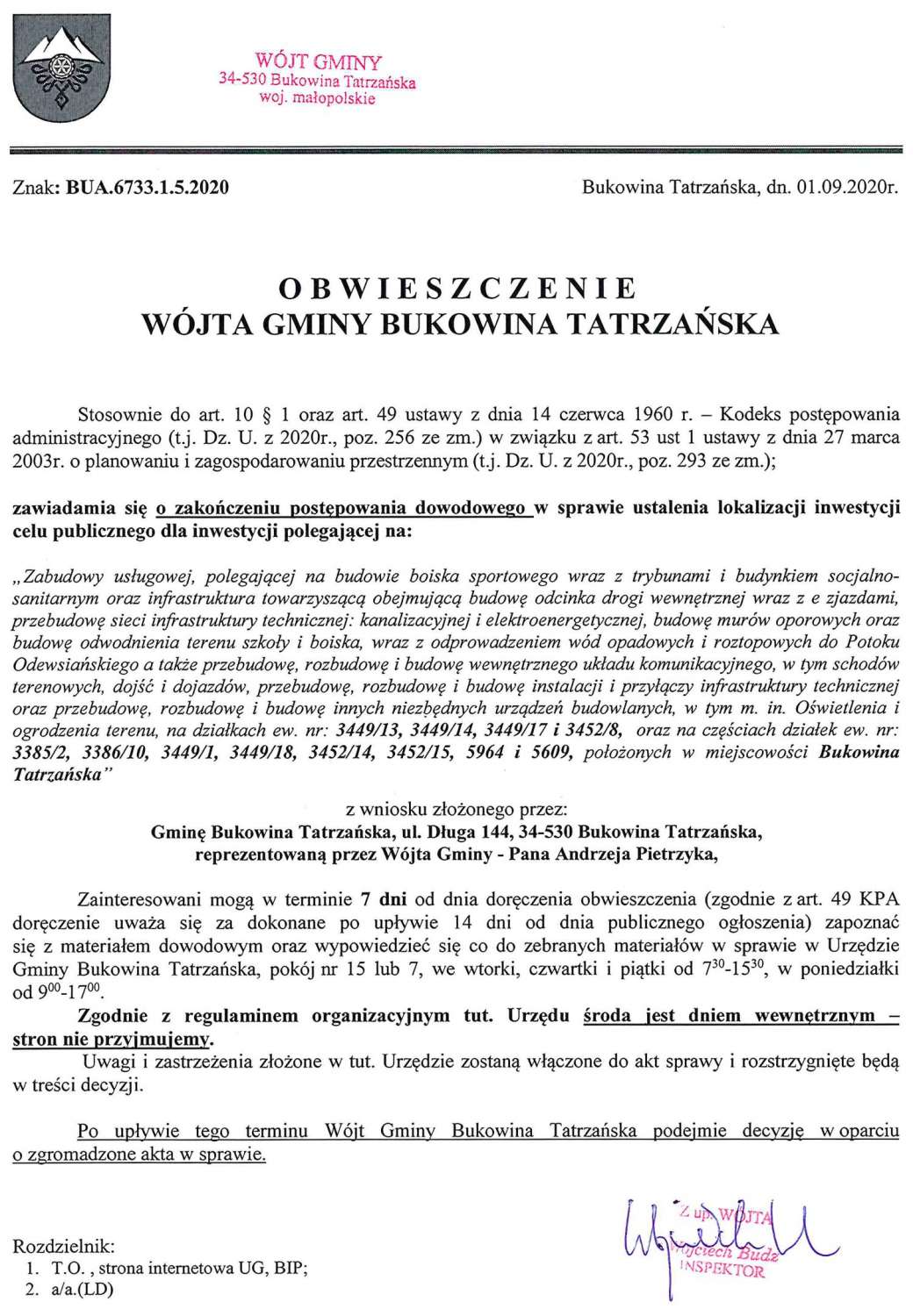 Obwieszczenie Wójta Gminy Bukowina Tatrzańska BUA 6733.1.5.2020