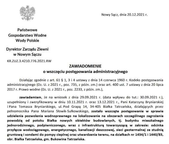 Dyrektor Zarządu Zlewni w Nowym Sączu  zawiadamia