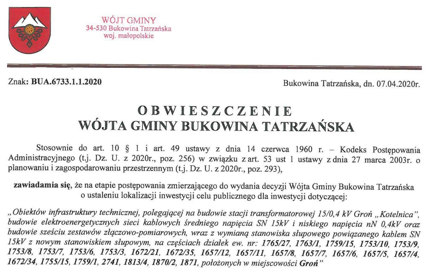 Obwieszczenie Wójta Gminy Bukowina Tatrzańska BUA 6733.1.1.2020