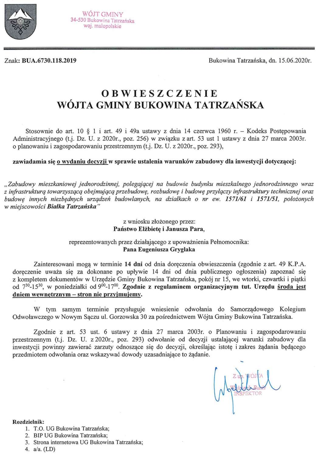 Obwieszczenie Wójta Gminy Bukowina Tatrzańska BUA 6730.118.2019