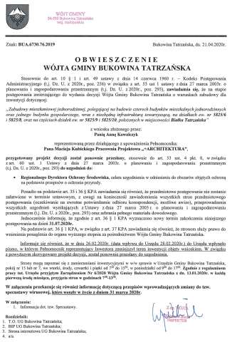 Obwieszczenie Wójta Gminy Bukowina Tatrzańska BUA 6730.76.2019