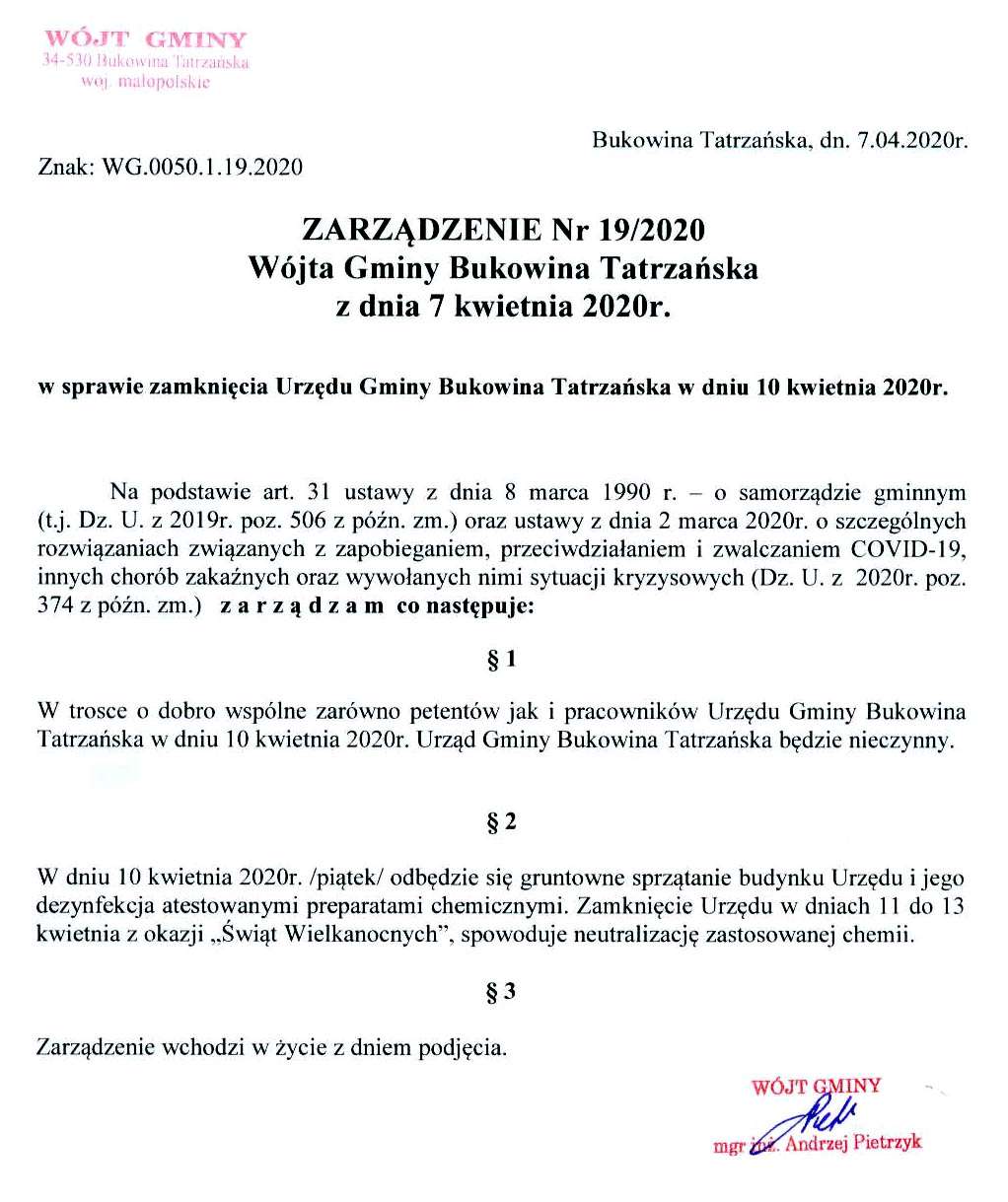 Zamknięcie Urzędu Gminy Bukowina Tatrzańska w dniu 10 kwietnia 2020 r.