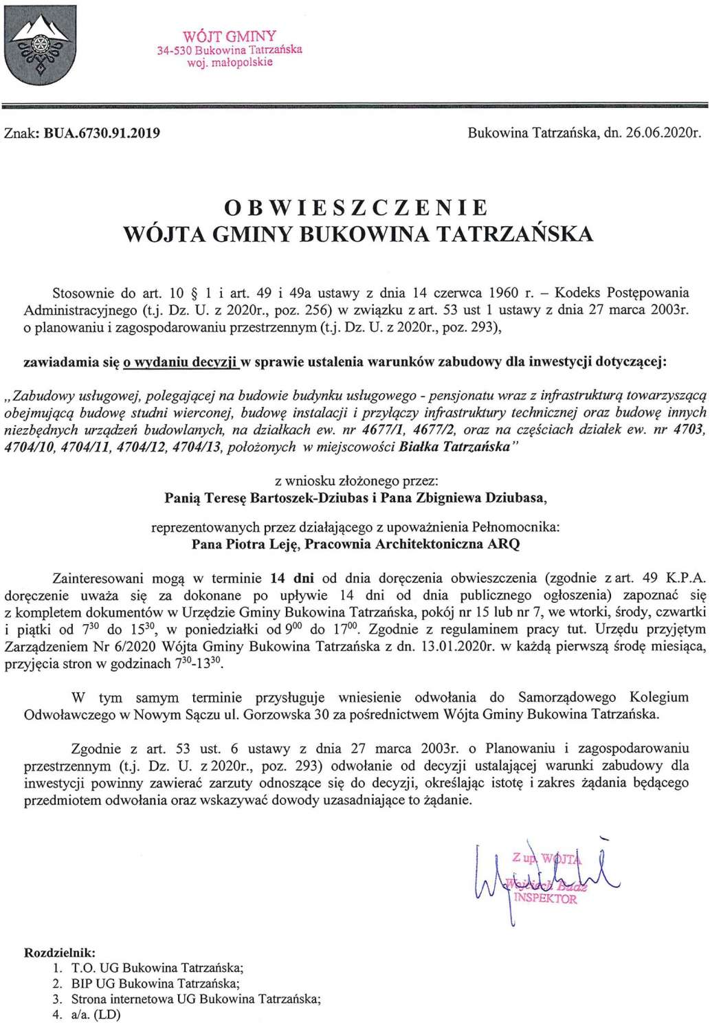 Obwieszczenie Wójta Gminy Bukowina Tatrzańska BUA 6730.91.2019