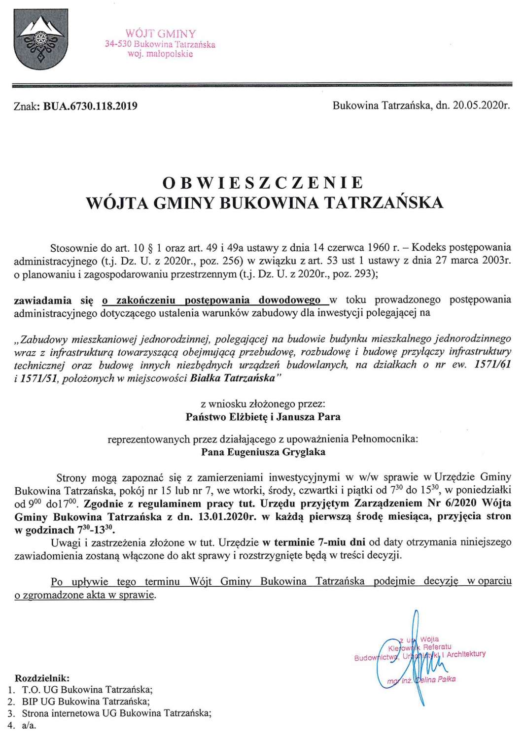 Obwieszczenie Wójta Gminy Bukowina Tatrzańska BUA 6730.118.2019