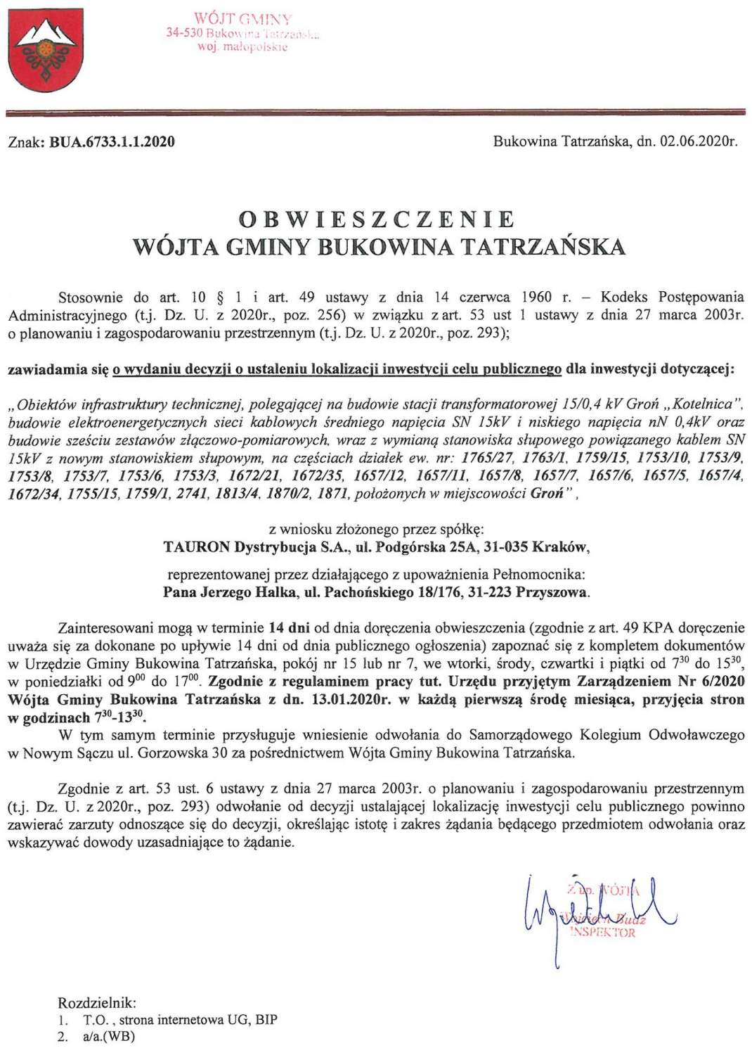 Obwieszczenie Wójta Gminy Bukowina Tatrzańska BUA 6733.1.1.2020