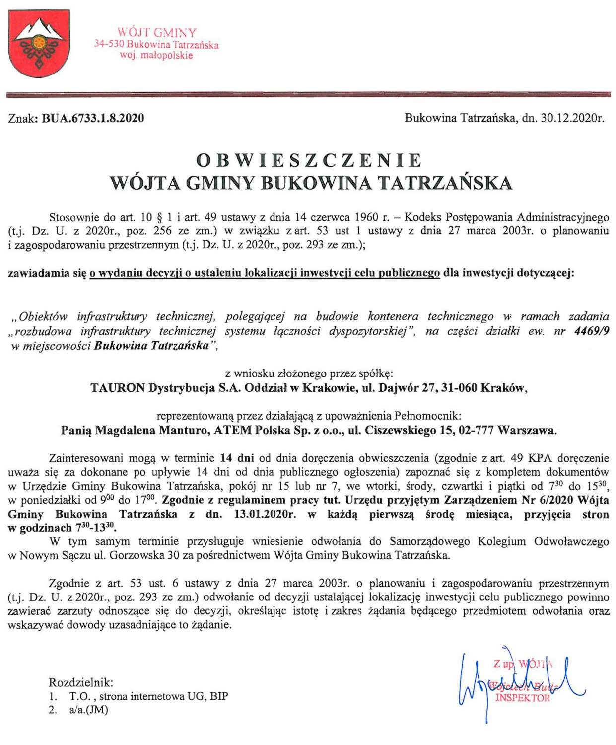 Obwieszczenie Wójta Gminy Bukowina Tatrzańska BUA 6733.1.8.2020