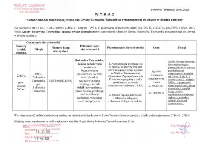 Wykaz nieruchomości do zbycie w drodze zamiany