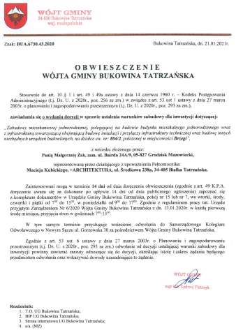 Obwieszczenie Wójta Gminy Bukowina Tatrzańska BUA 6730.43.2020