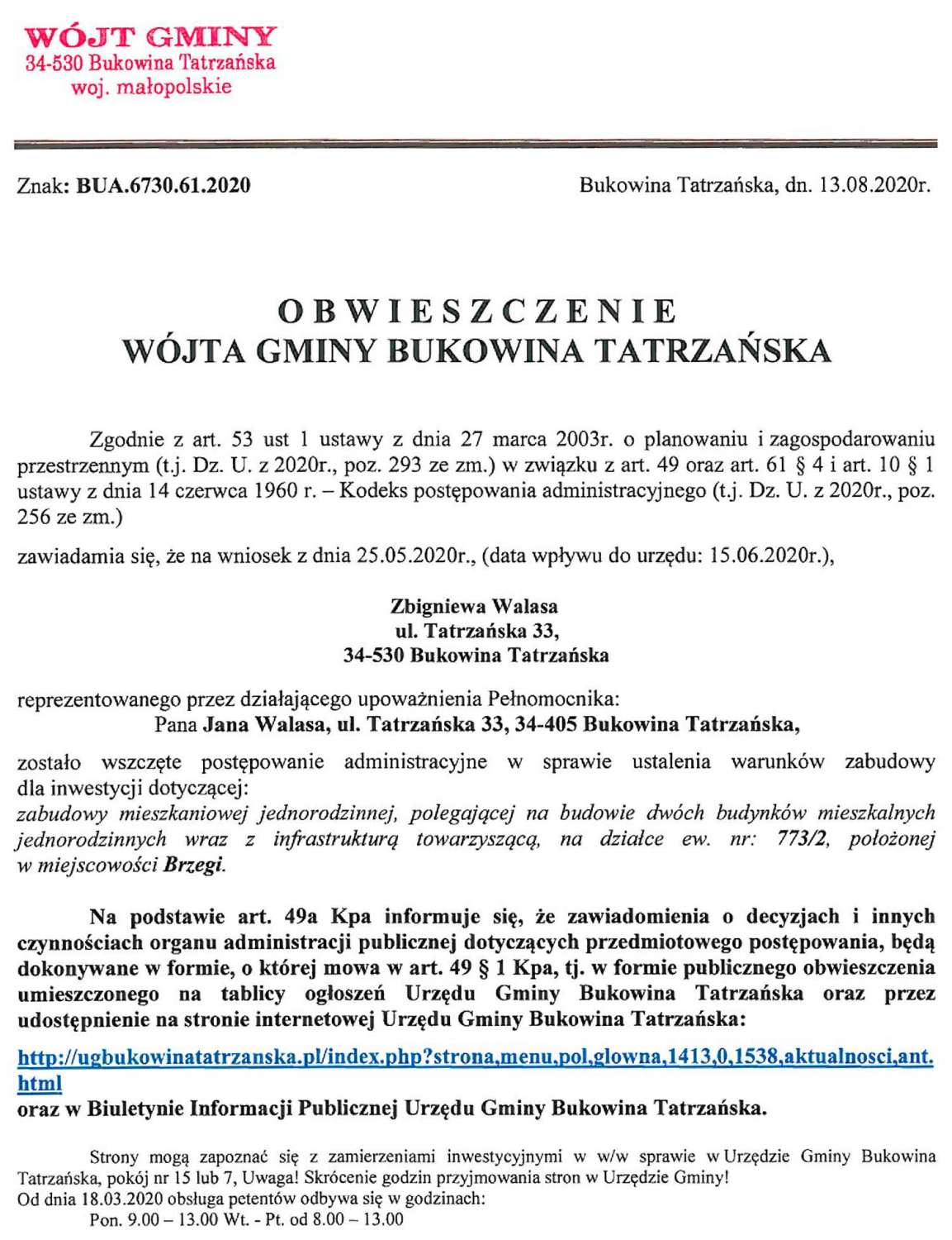 Obwieszczenie Wójta Gminy Bukowina Tatrzańska BUA 6730.61.2020