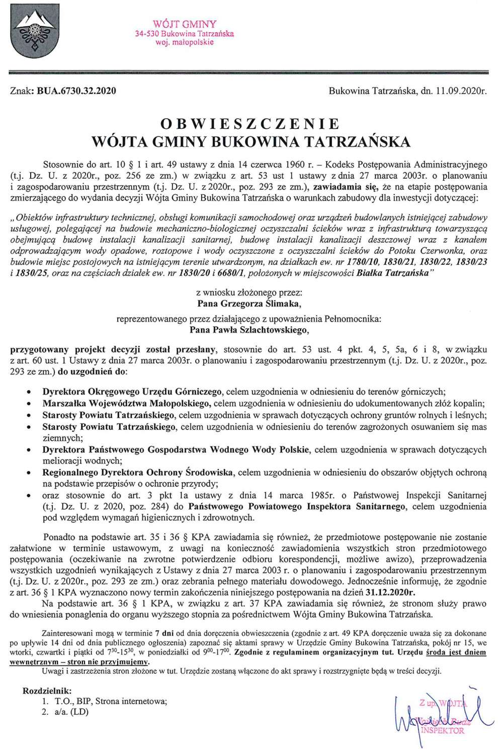 Obwieszczenie Wójta Gminy Bukowina Tatrzańska BUA 6730.32.2020