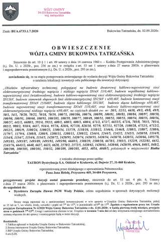 Obwieszczenie Wójta Gminy Bukowina Tatrzańska BUA 6733.1.7.2020