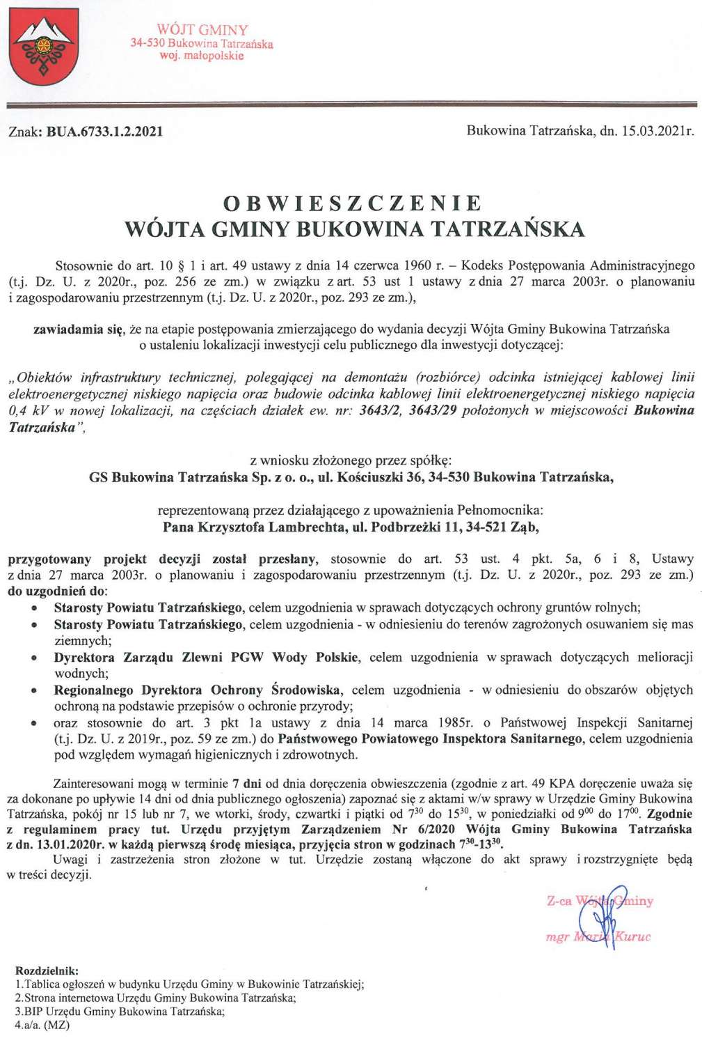 Obwieszczenie Wójta Gminy Bukowina Tatrzańska BUA 6733.1.2.2021