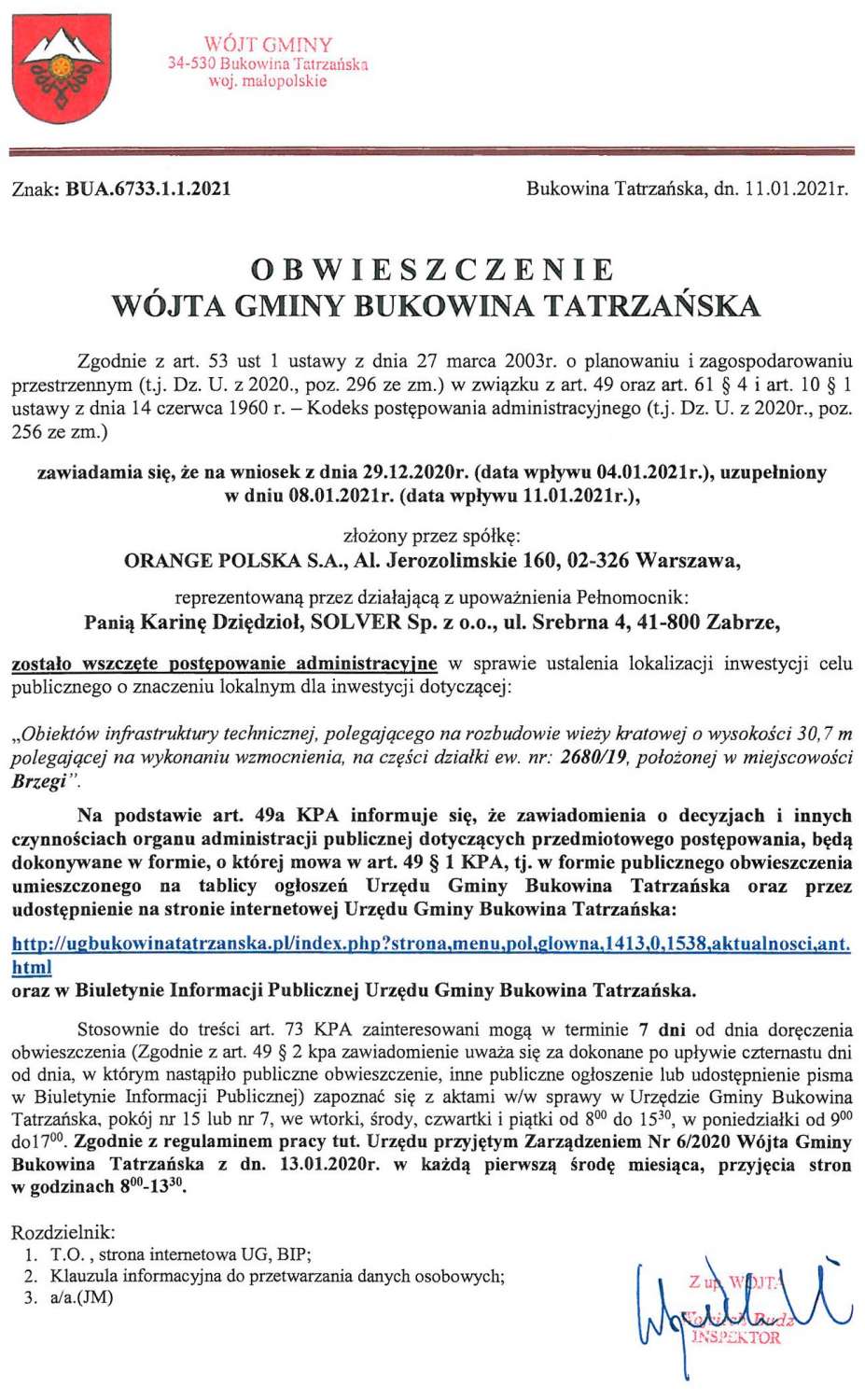 Obwieszczenie Wójta Gminy Bukowina Tatrzańska BUA 6733.1.1.2021
