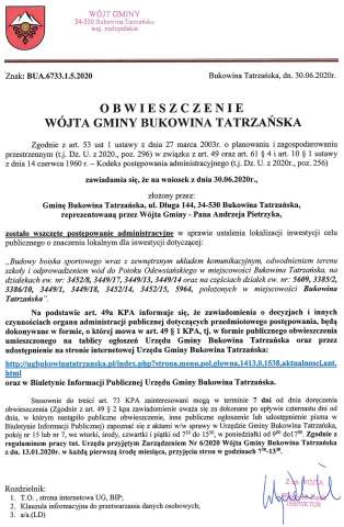 Obwieszczenie Wójta Gminy Bukowina Tatrzańska BUA 6733.1.5.2020 str 1