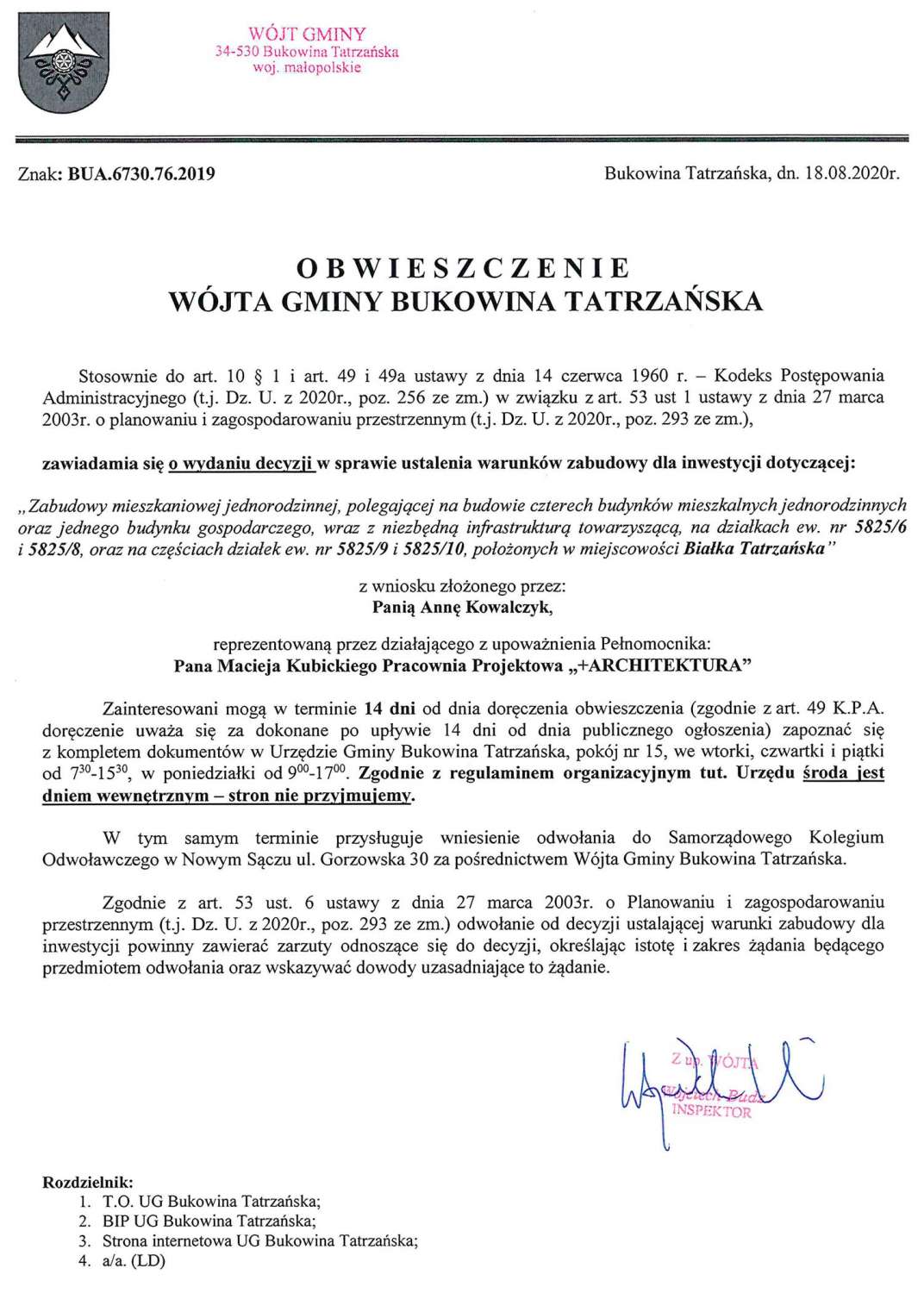 Obwieszczenie Wójta Gminy Bukowina Tatrzańska BUA 6730.76.2019