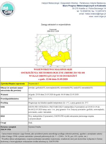 OSTRZEŻENIA METEOROLOGICZNE NR 101 - PRZYMROZKI