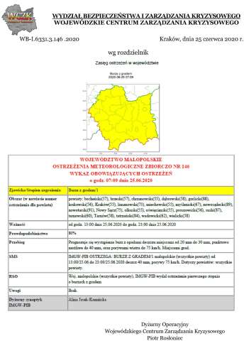 OSTRZEŻENIA METEOROLOGICZNE NR 146 - BURZE Z GRADEM