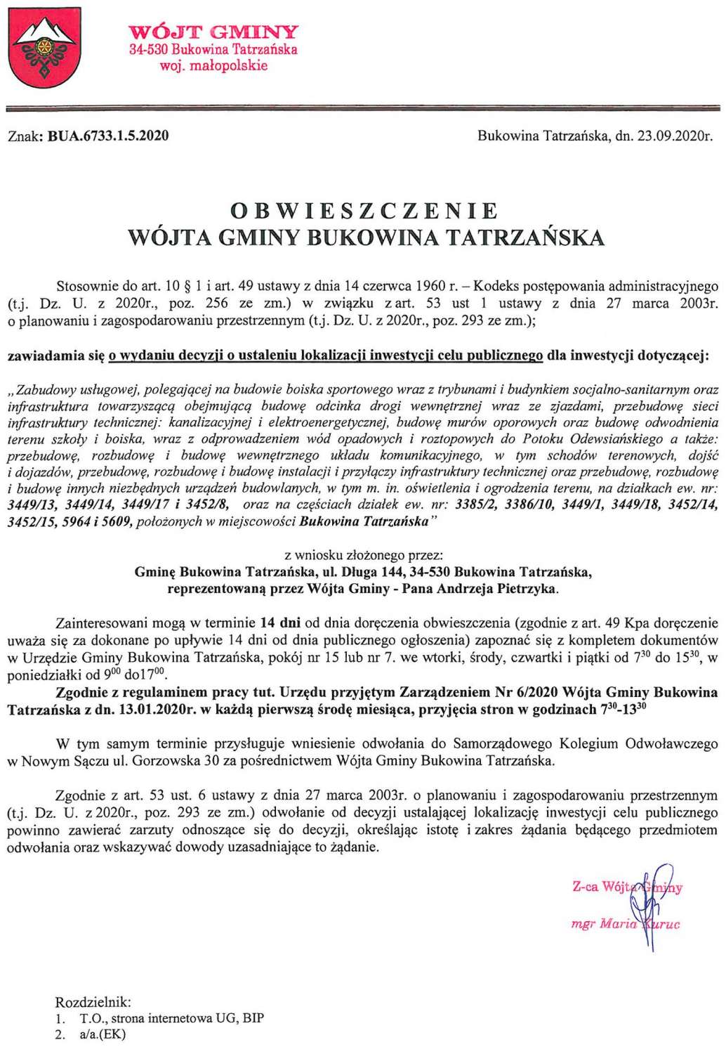 Obwieszczenie Wójta Gminy Bukowina Tatrzańska BUA 6733.1.5.2020