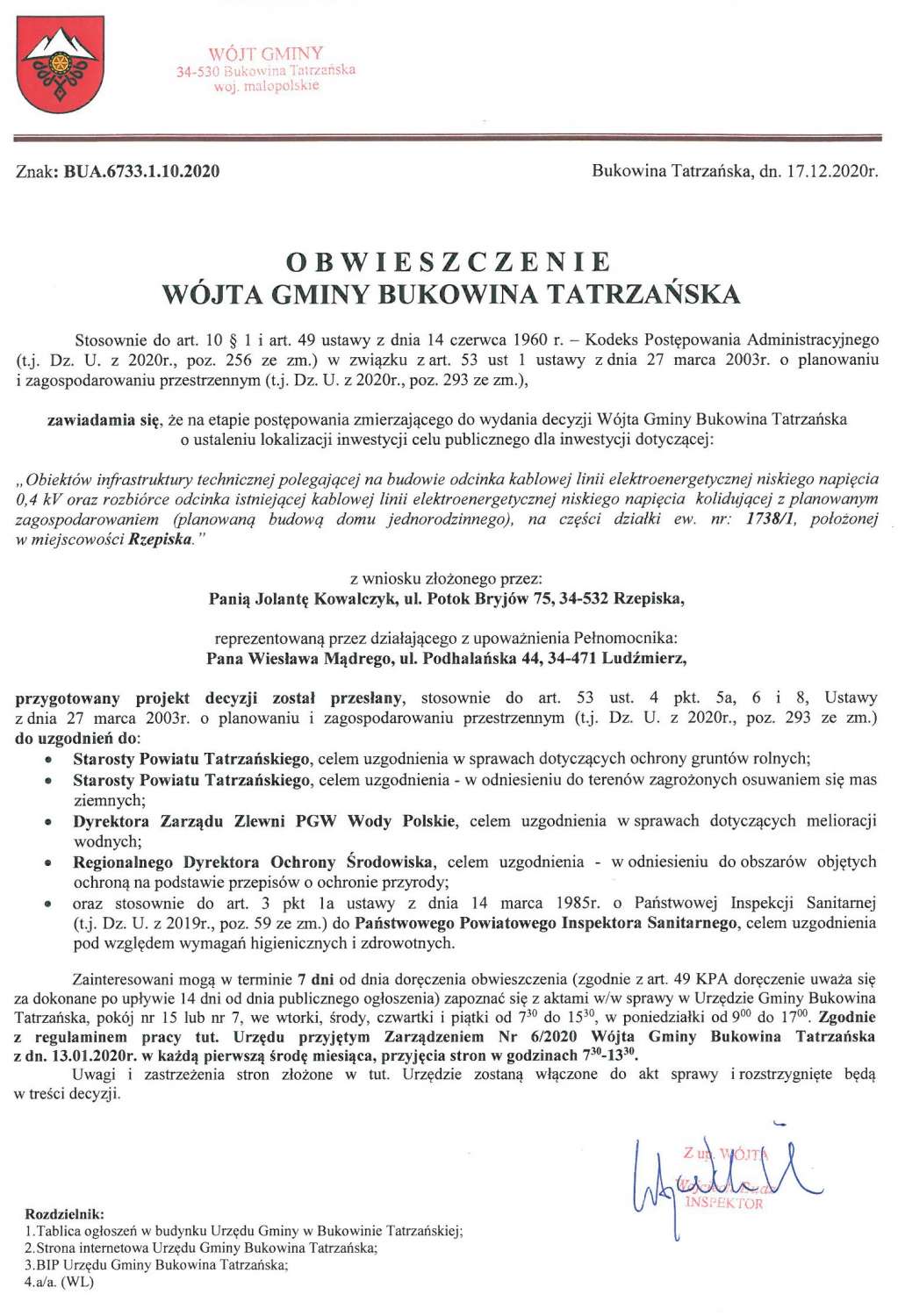 Obwieszczenie Wójta Gminy Bukowina Tatrzańska BUA 6733.1.10.2020